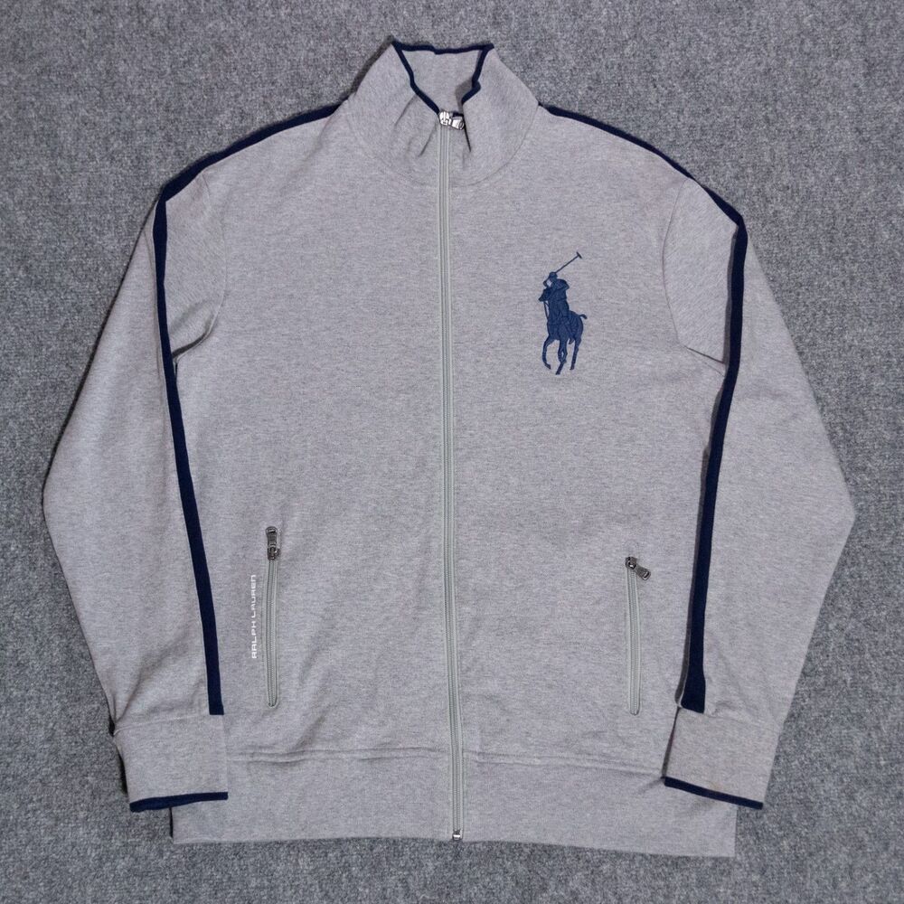 Polo Ralph Lauren Big Pony Track Jacket Men's Large Gray Blue Full Zip Stripe